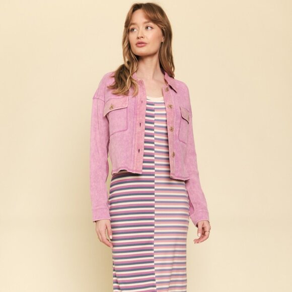 MYSTREE Mauve Cropped Shacket Button Front Waffle Texture Overshirt - Picture 5 of 6